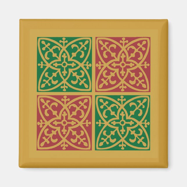 Röd och Grönt Tile Art på Guld Mönster Magnet (Framsidan)