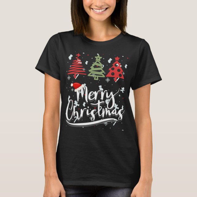 Röd och Grönt Träd Vinterskog Modern jul T Shirt (Framsida)