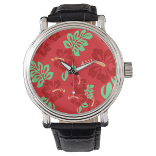 Röd och Grönt Tropical Hibiscus Blommigt Armbandsur