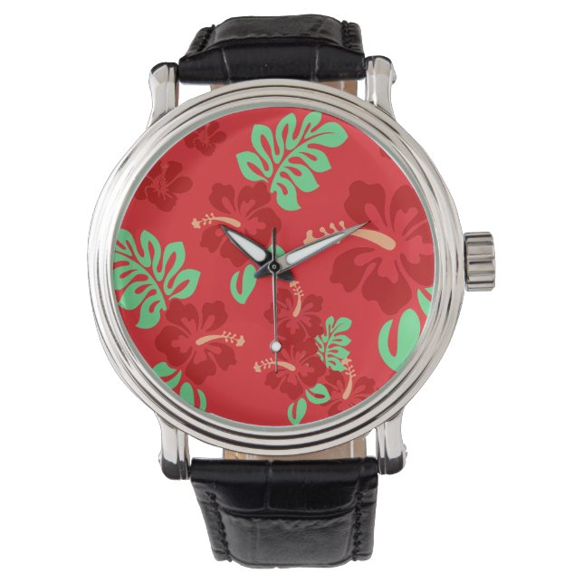 Röd och Grönt Tropical Hibiscus Blommigt Armbandsur (Framsida)