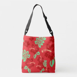 Röd och Grönt Tropical Hibiscus Blommigt Axelväska