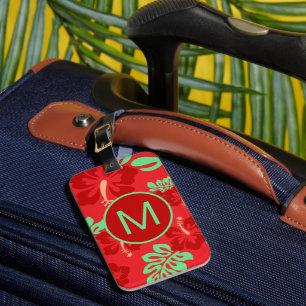 Röd och Grönt Tropical Hibiscus Blommigt Monogram Bagagebricka