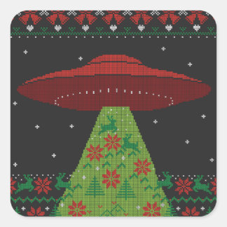 Röd och Grönt UFO Tractor Beam Ugly jul Fyrkantigt Klistermärke