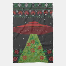 Röd och Grönt UFO Tractor Beam Ugly jul Kökshandduk