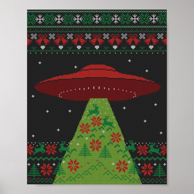 Röd och Grönt UFO Tractor Beam Ugly jul Poster (Framsidan)