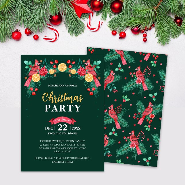 Röd och Grönt Vattenfärg Kardinal Bird-jul Inbjudningar (Watercolor Red Cardinal Birds Christmas Party Invitation)