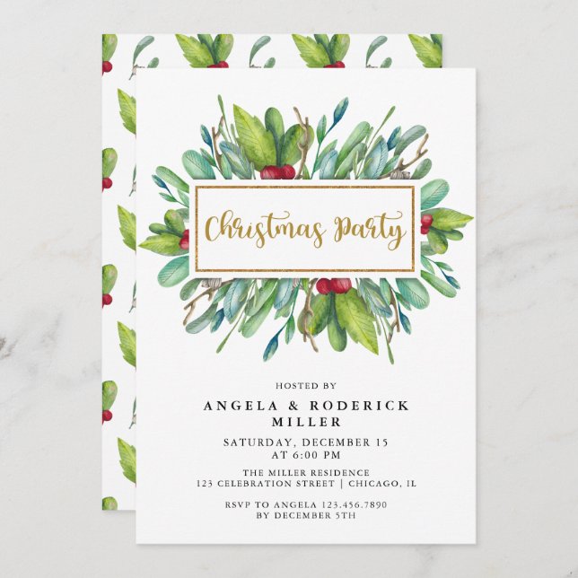 Röd och Grönt Vinterblomma Juldagen Party Inbjudningar (Fram/baksida)
