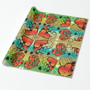Röd och grönt Whimsical Romantic Hearts mönster Presentpapper