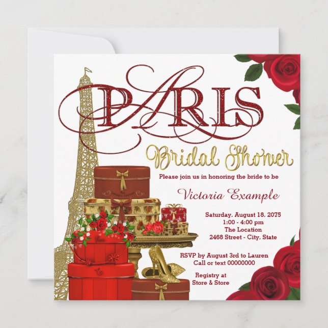 Röd och gul bröllopsdusch i Paris Inbjudningar (Framsida)