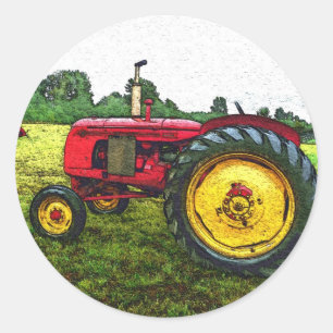 Röd och gul lantgårdtraktor runt klistermärke