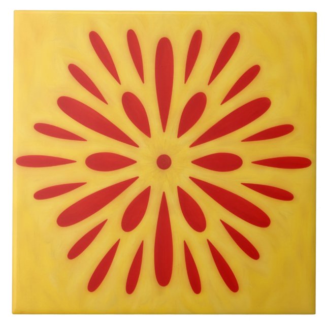 Röd och gul solsymbol konstplatta kakelplatta (Framsidan)