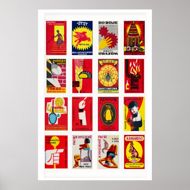 Röd och gul tändsticksboxetikett Collage, djärv fä Poster (Framsidan)