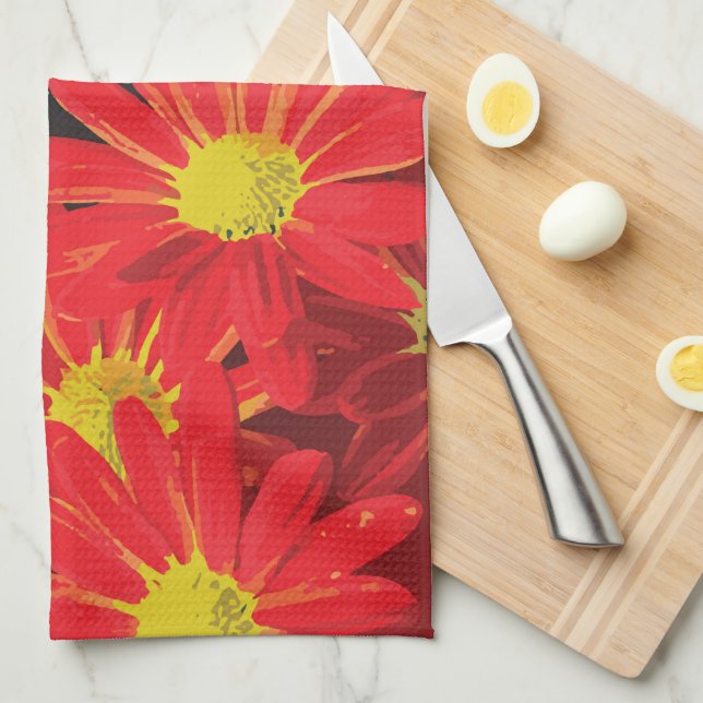 Röd och Gula blommor 1 Kökshandduk (Vikt i Fjärdedel)