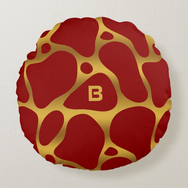 Röd och guld abstrakt giraffe mönster rund kudde (Framsidan)