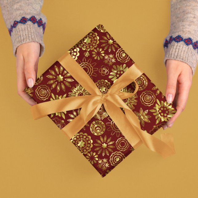 Röd och Guld Abstrakt jul Snöflingor 2 Presentpapper (Skapare uppladdad)