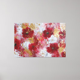 Röd och guld blommande blomsterabstrakt väggkonst canvastryck