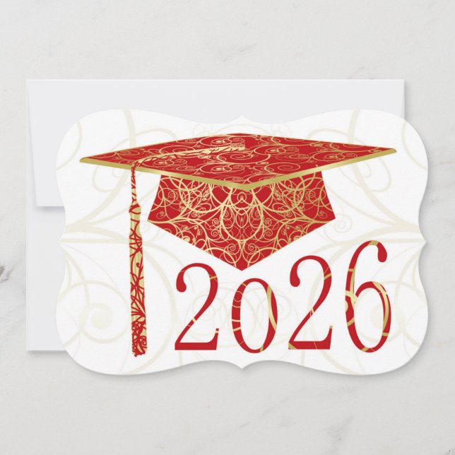 Röd och guld blommig mössa 2026-kort inbjudningar (Framsida)