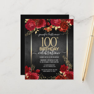 Röd och Guld Blommigt 100:e födelsedagsinbjudan