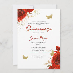 Röd och Guld Blommigt Butterfly Elegant Quinceañer Inbjudningar