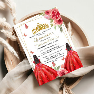 Röd och Guld Blommigt Butterfly Twin Quinceanera Inbjudningar