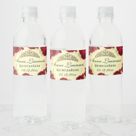 Röd och Guld Blommigt Quinceanera Vattenflaskor Etikett