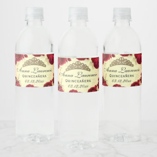 Röd och Guld Blommigt Quinceanera Vattenflaskor Etikett