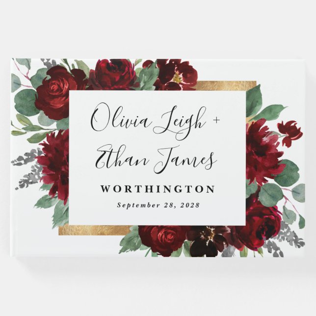 Röd och Guld Blommigt Rustic Elegant White Bröllop Gästböcker (Framsida)