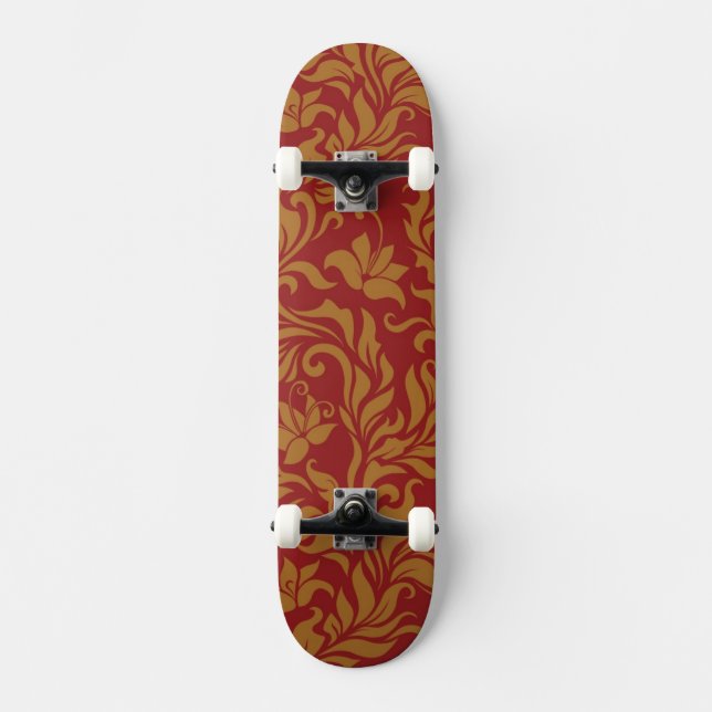 Röd och guld- blommönster skateboard bräda 19,5 cm (Framsida)