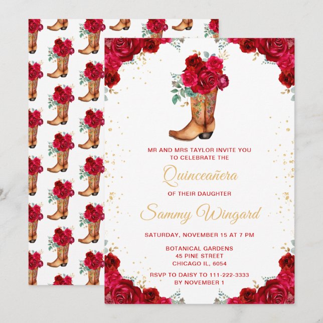 Röd och guld blomster Cowboy Boot Quinceañera Inbjudningar (Fram/baksida)