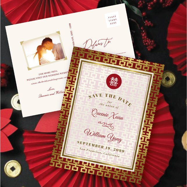 Röd och Guld Dubbla: kinesiska Spara datum Meddelande Vykort (Red & Gold Double Happiness Chinese Save The Date Announcement Postcard @ fatfatin_red_knot)