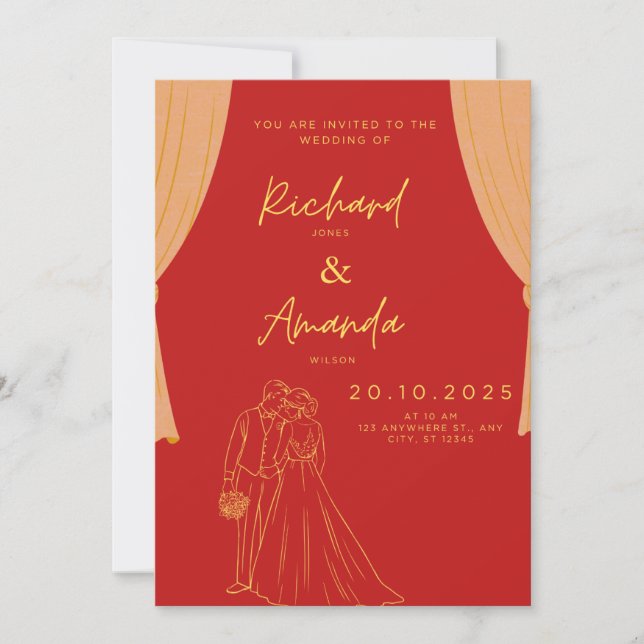 Röd och guld elegant bröllopsmottagning inbjudan  (Framsida)