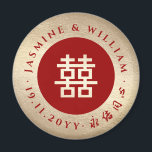 Röd och Guld enkel Dubbla Xi-Bröllopsfest i cirkel Magnet<br><div class="desc">Minimalistisk enkel röd/faux-dubbla i guld runt/cirkel lycka på en faux guld-folie/röd bakgrund med auspionöst kinesiskt önskemål, kinesisk bröllopsfest föredrar presentmagnet. Denna utformning har en modern symbol för minimal lycka i dubblan i form av minimalistiska kinesiska skrivningar inom en enkel cirkel i ram. En snyggt- och klassmodell, asiatisk/orientalisk temad bröllop-design för...</div>