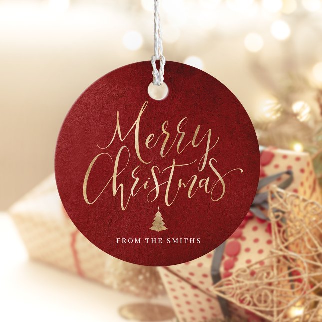 Röd och guld enkel kalligrafi God Jul Gåvor Etiketter (Red and Gold Simple Calligraphy Merry Christmas Favor Tags)