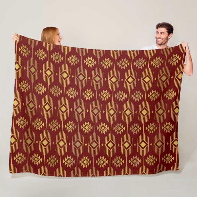 Röd och guld etnisk ikat geometric mönster fleecefilt (På plats)