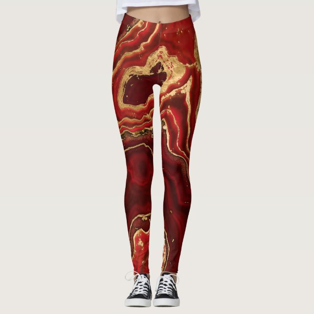 Röd och guld flytande marmor Abstrakt Leggings (Framsida)
