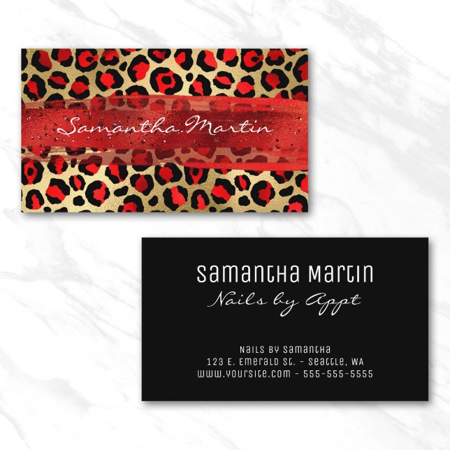 Röd och guld folie leopard penseldrag visitkort (Red and Gold Foil Leopard Brush Stroke Business Card)