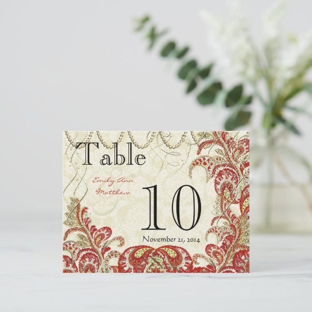 Röd och Guld Gatsby Paisley Påfågel Bordnummer Vykort (Stående Fram)