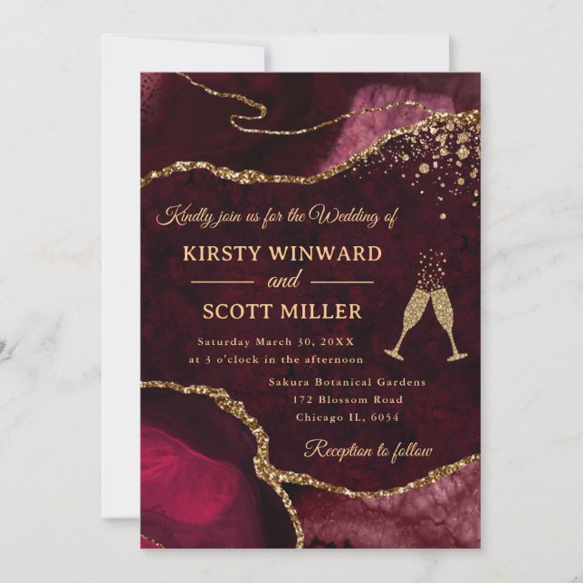 Röd och Guld Glitter Agate Bröllop Inbjudningar (Framsida)