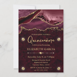 Röd och Guld Glitter Agate Quinceanera Inbjudningar