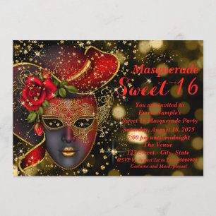 Röd och guld glitter maskeradfest inbjudningar