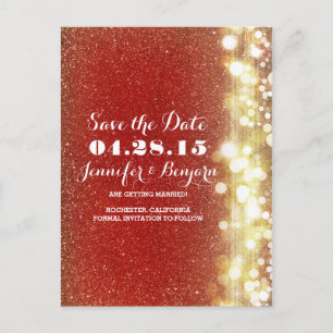 röd och guld glitter-sträng ljus spara datumet meddelande vykort