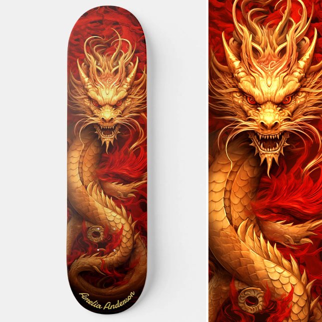Röd och Guld Guld kinesiska draken Mini Skateboard Bräda 18,5 Cm (Red & Gold Gold Chinese Dragon Skateboard)