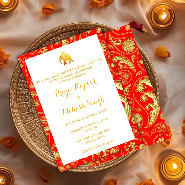 Röd och guld indisk bröllops Ganesha Elefant Inbjudningar (Skapare uppladdad)