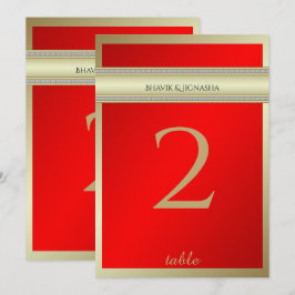 Röd och guld indisk damast bordnummerhållare inbjudningar