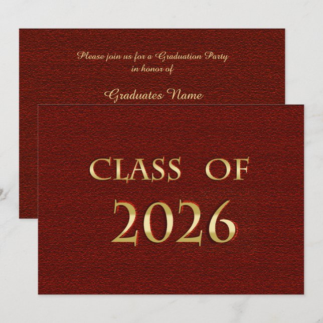 Röd och guld Klass 2026 Examen Fest Kort (Fram/baksida)