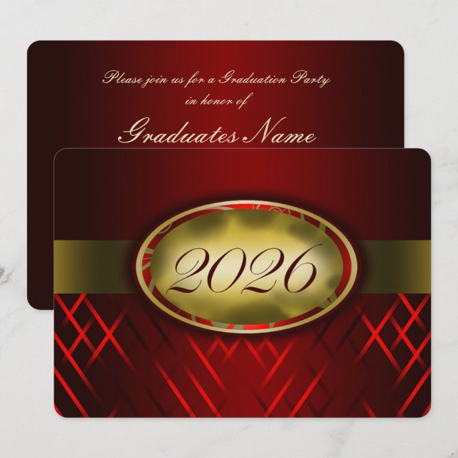 Röd och guld klass 2026-fest inbjudningar (Fram/baksida)