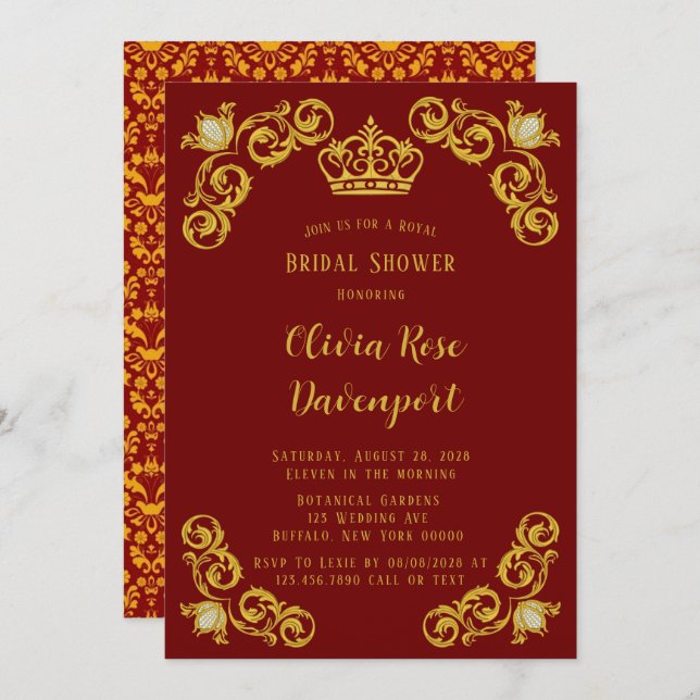 Röd och guld kunglig krona i damast Bröllopsfest Inbjudningar (Fram/baksida)