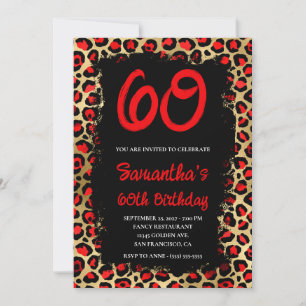 Röd och Guld Leopard Pawarde Black 60:e födelsedag Inbjudningar