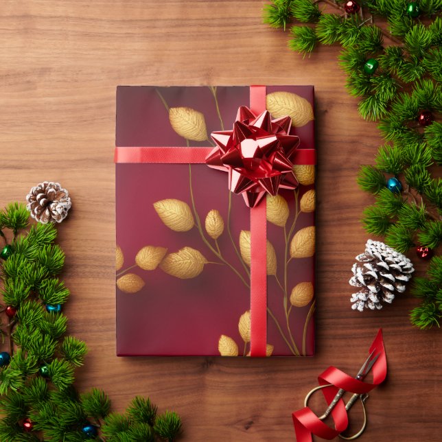 Röd och Guld Löv Wrapping Papper | Helgdag för ele Presentpapper (Julgåva)