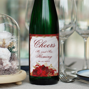 Röd och Guld metallisk Blommigt Bröllop Vinflaska Etikett